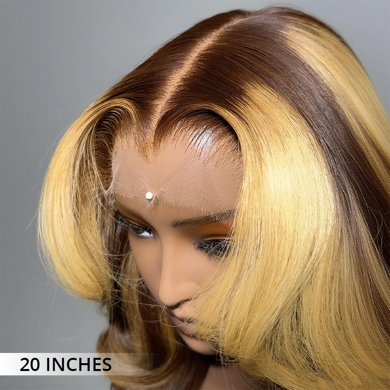 Back view of blonde highlight curly human hair wig with full density