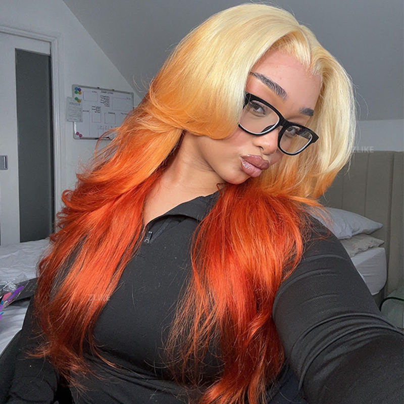 Zlike 613 Blonde Ombre Highlight Ginger Orange 13x4 HD Lace Front Human Hair Wigs