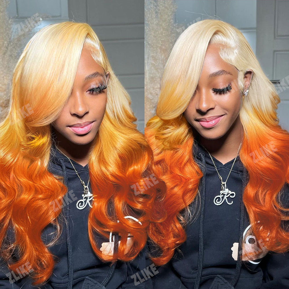 Zlike 613 Blonde Ombre Highlight Ginger Orange Transparent Lace Front Human Hair Wigs