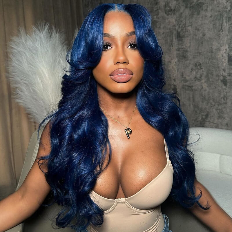 Zlike -13x4 Transparent Lace Body Wave Dark Blue 100% Human Hair Wigs For Women