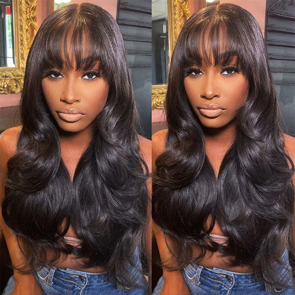 Body wave bangs wig front view with natural face framing style