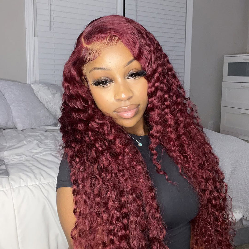 Burgundy deep wave human hair wig side view with defined waves