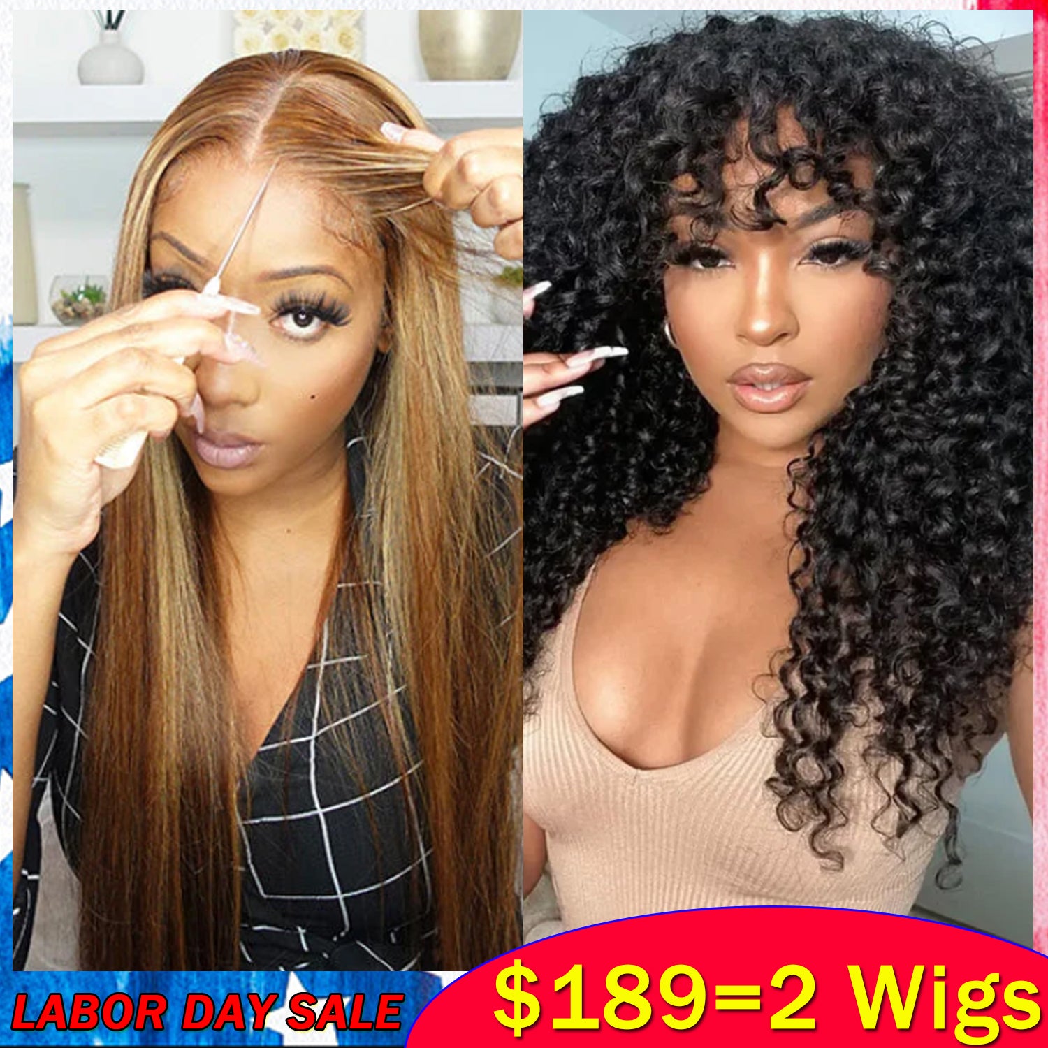 $189=2 Wigs | Ombre Blonde Highlight 5x5 Pre Cut Lace Wig + Curly Wig With Bangs Machine Made Flash Sale