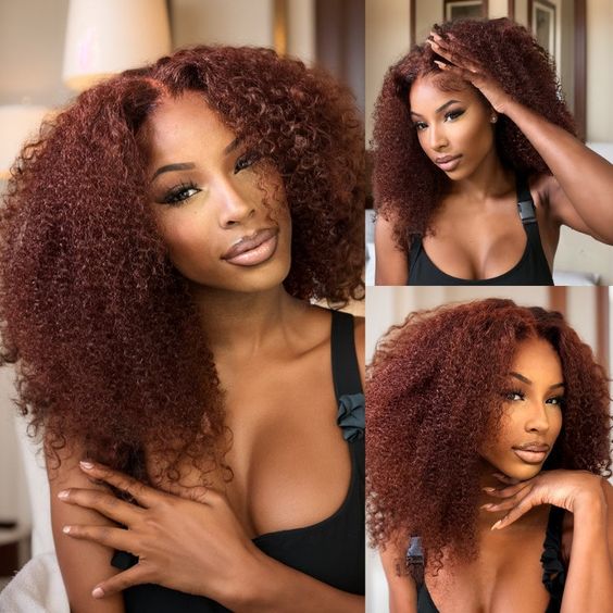 Kinky Curly #33 Reddish Brown Transparent Lace Closure Wigs With Baby Hair For Women