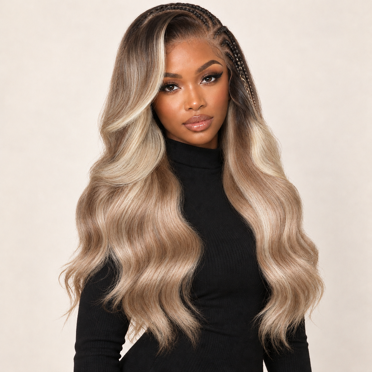 Zlike 13x6 Pre Braided Brunette Blonde Highlights Loose Body Lace Front Wig Glueless Human Hair Wigs Natural Hairline