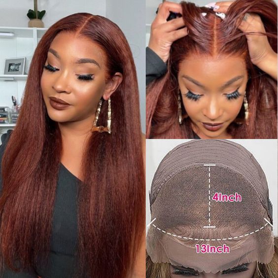 Reddish Brown Yaki Straight 13x4 Lace Frontal Human Hair Wig | Flash Sale