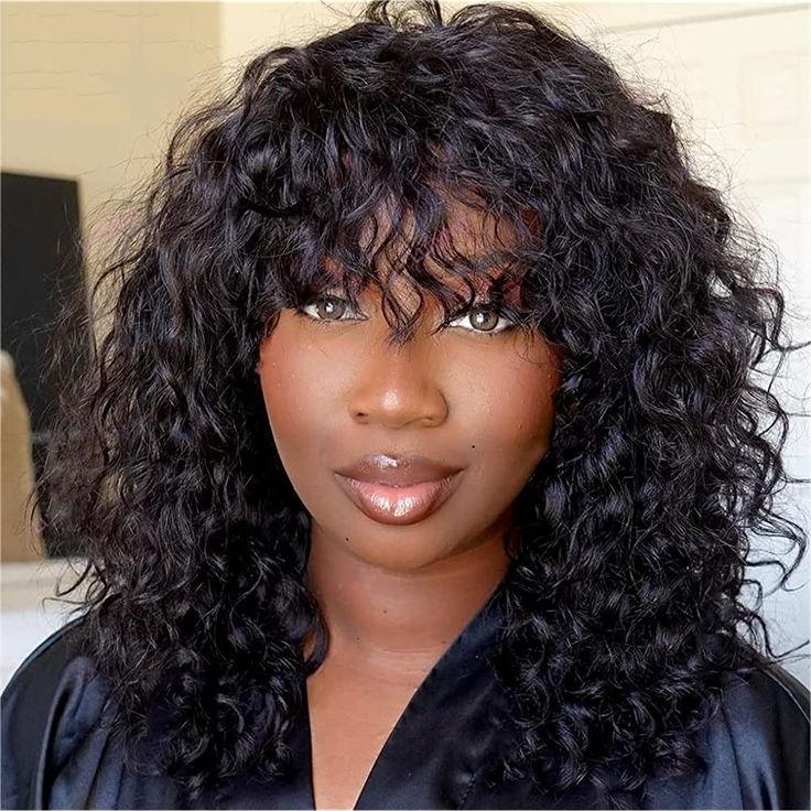 Zlike Curly Wave Wig With Bangs Natural Color Human Hair Glueless Wigs