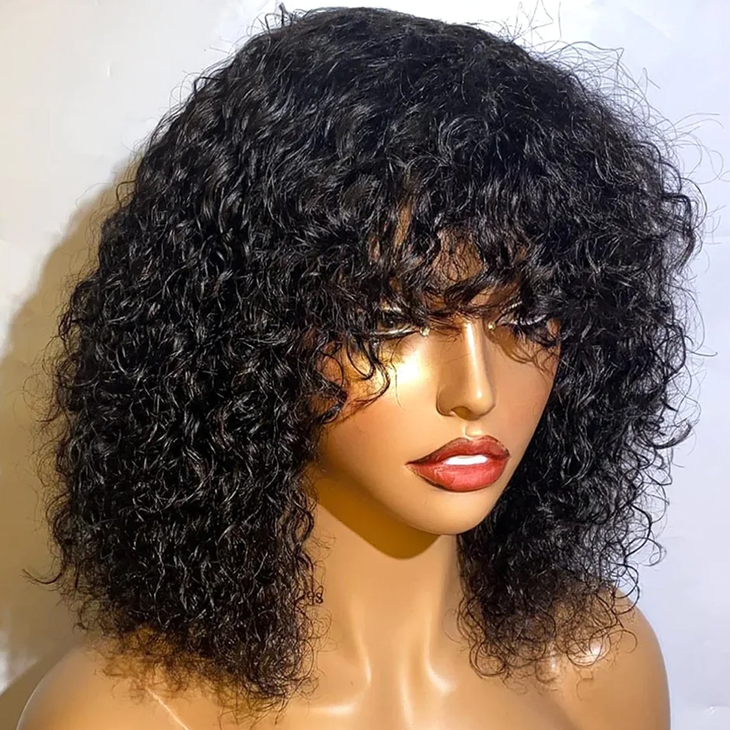 Put On To Go Jerry Curly No Lace Glueless Short Bob 100% Human Hair Wigs With Bangs