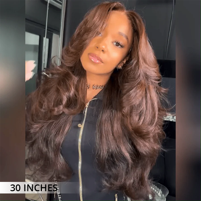 Full volume chocolate brown loose wave wig with natural waves and 300% density virgin human hair