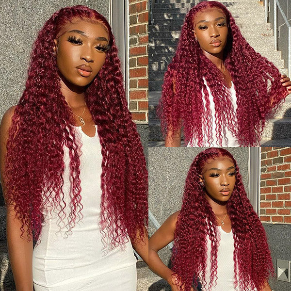 99J Burgundy Colored Kinky Curly Transparent Lace Front Human Hair Wigs Natural Hairline