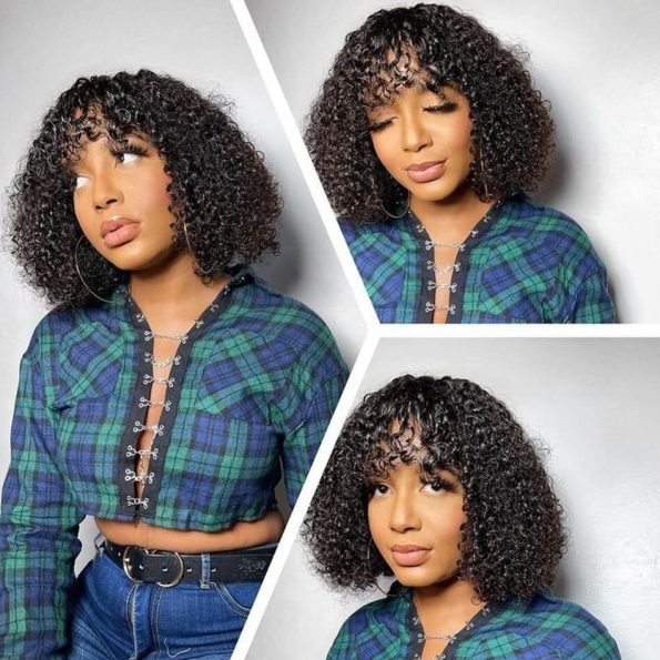 Bouncy Curly Glueless Wear Go Bob Wigs With Bangs 100% Human Hair Wigs