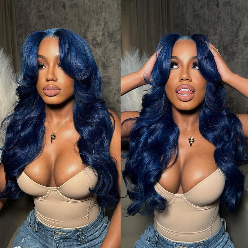 Zlike -13x4 Transparent Lace Body Wave Dark Blue 100% Human Hair Wigs For Women