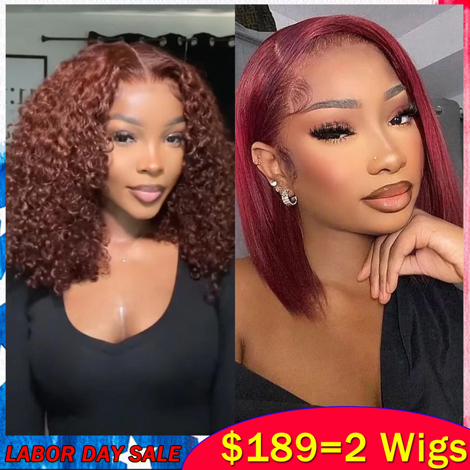 $189=2 Wigs | Reddish Brown #33 Curly Lace Front Human Hair Wigs + Short Orange Straight Bob Wig Human Hair Flash Sale