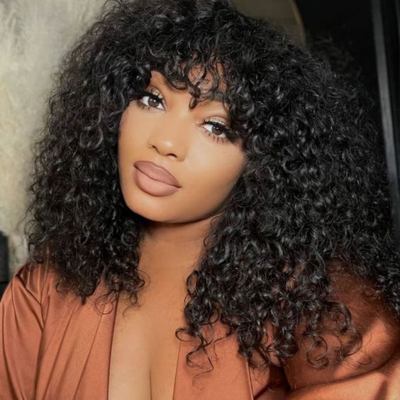 Zlike Curly Wave Wig With Bangs Natural Color Human Hair Glueless Wigs