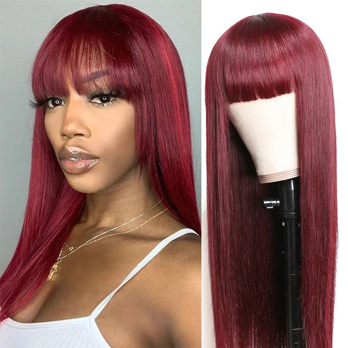 99J Straight Wig Bangs Silky Straight Glueless Human Wigs Hairline