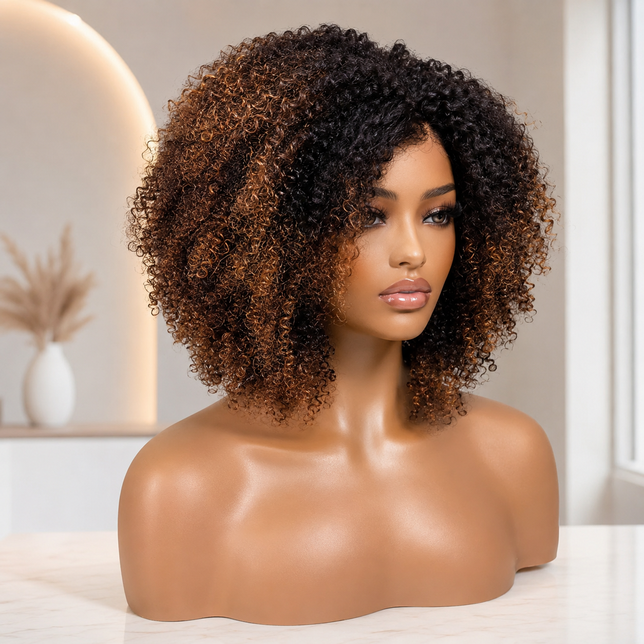 Zlike Black to Golden Brown Dip Dyed Coily Wave 5x5 Lace Glueless Human Hair Wig