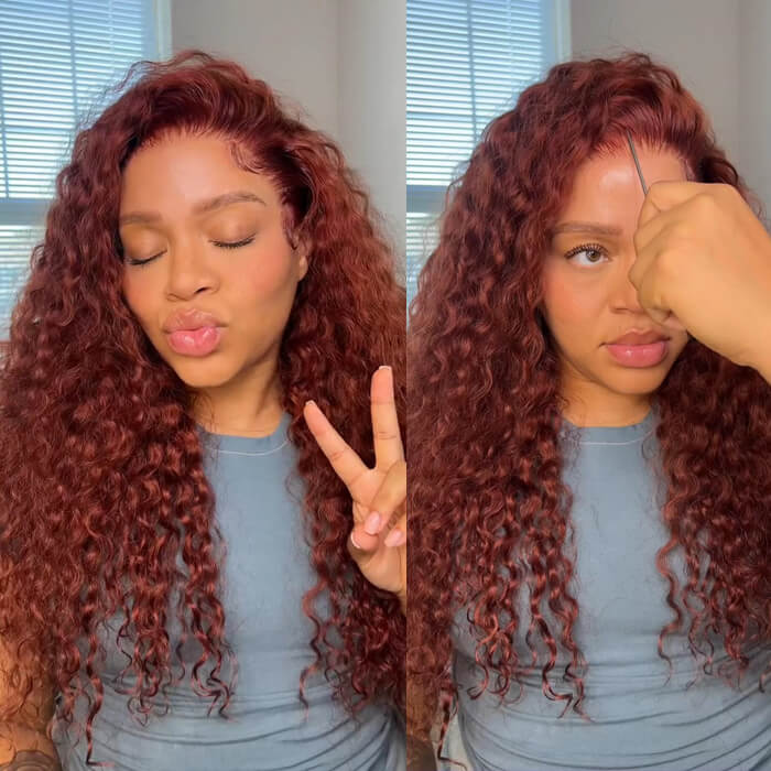Clearance Sale | #33 Reddish Brown Colored Water Wave 100% Human Hair Transparent Lace Front Wigs