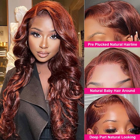 #33 Reddish Brown Colored Body Wave 180% Density 13x4 Lace Front Human Hair Wig With Baby Hair