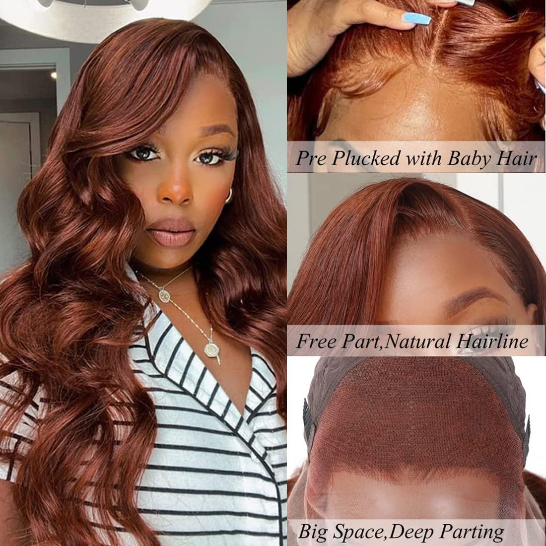 #33 Reddish Brown Colored Body Wave 180% Density 13x4 Lace Front Human Hair Wig With Baby Hair