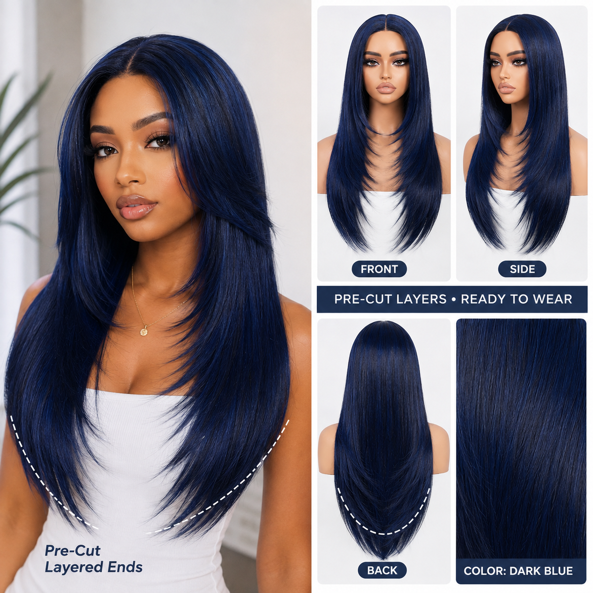 Zlike Dark Blue Wear & Go Glueless Synthetic Lace Front Wig Pre-Cut Pre-Plucked Long Layered Straight Wig