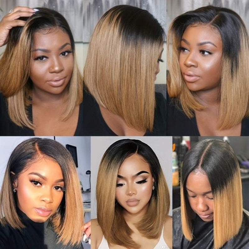 Zlike Short Ombre Honey Blonde 1B/27 Bob Wig Baby Hair Honey Brown Straight Human Hair Wigs