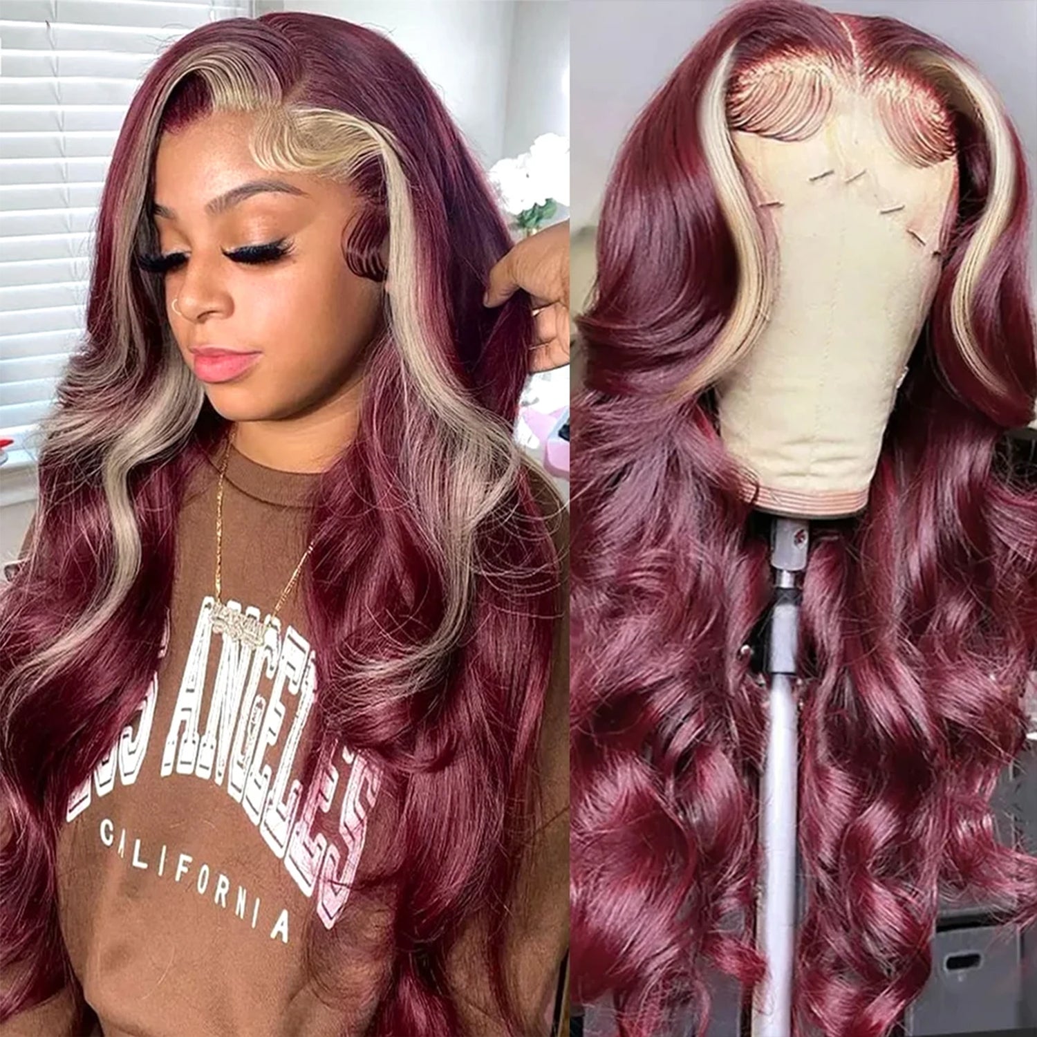 Burgundy 613 Blonde Skunk Stripe Body Wave 13x4 Lace Front Wigs For Women-Zlike