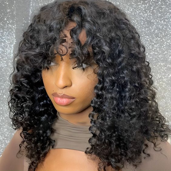 Zlike Curly Wave Wig With Bangs Natural Color Human Hair Glueless Wigs