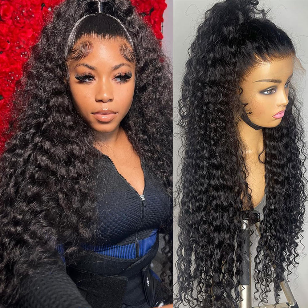 Deep wave HD transparent lace front wig made from 100% human hair with a pre-plucked natural hairline, soft defined curls and realistic scalp appearance