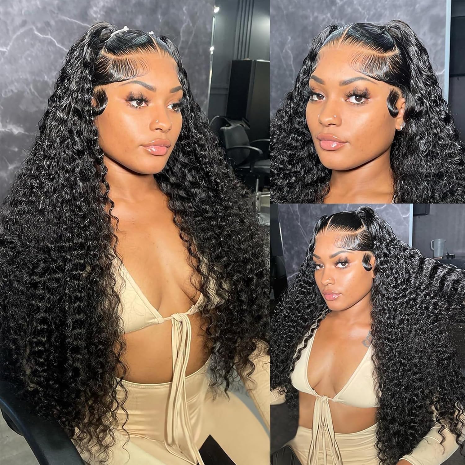 Deep wave HD transparent lace front wig featuring a pre-plucked hairline, lightweight comfortable fit and naturally full curly texture