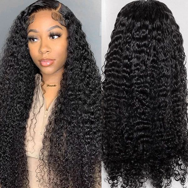 HD transparent lace front human hair wig with deep wave curls, natural scalp appearance, soft texture and long-lasting curl definition