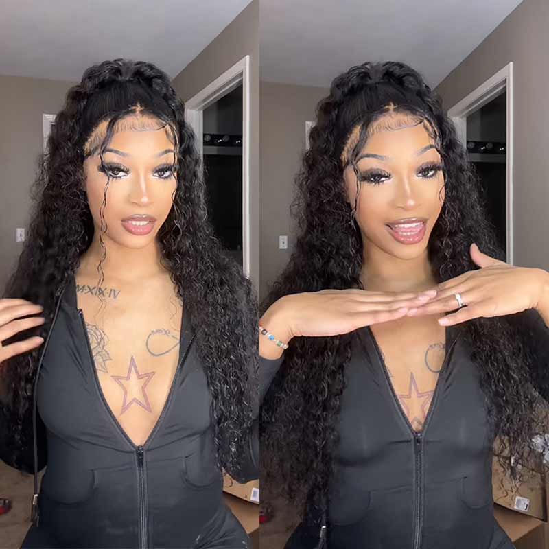 Close-up of deep wave human hair texture with HD transparent lace, pre-plucked hairline and soft defined curls for a natural look