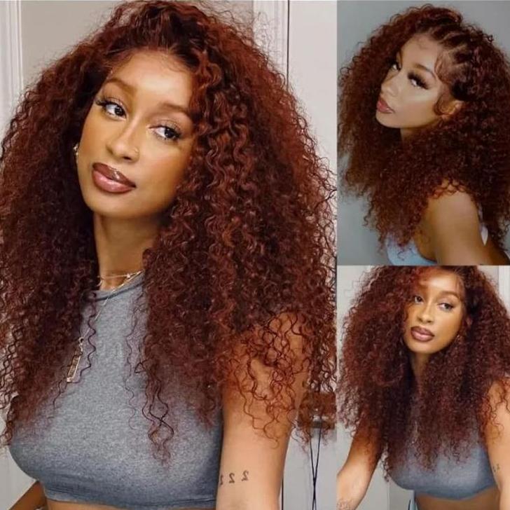 #33 Reddish Brown Curly Transparent Lace Closure Wigs With Baby Hair For Women