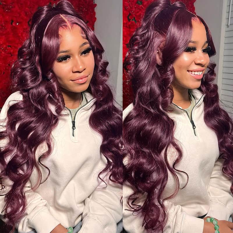 Zlike Pull Go 13x6 Pre Cut Lace Front Wigs Dark Plum Glueless Wigs Body Wave With Drawstring 100% Human Hair Wig