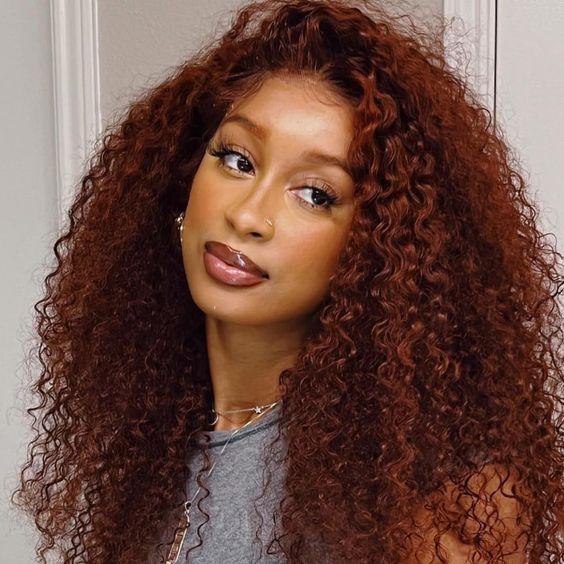 Kinky Curly #33 Reddish Brown Transparent Lace Closure Wigs With Baby Hair For Women