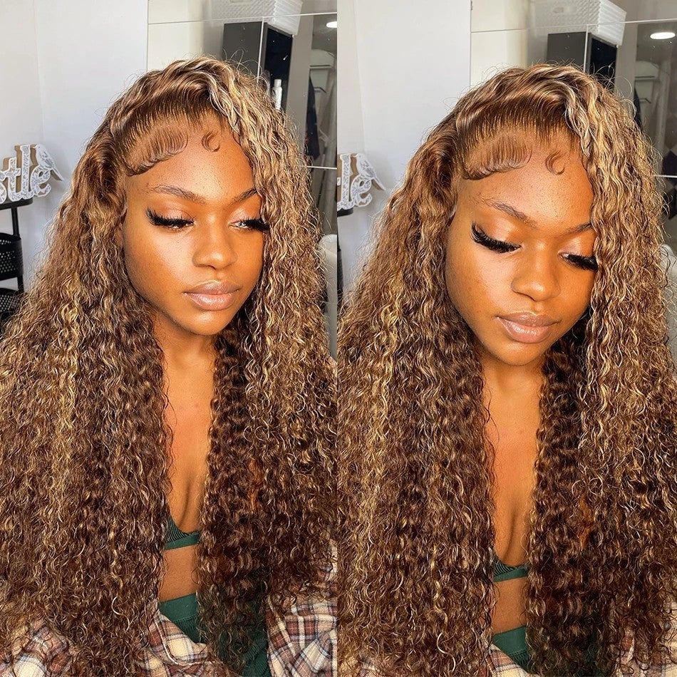 Honey Blonde Highlights #4 27 Colored Curly Transparent Lace 100% Virgin Human Wigs