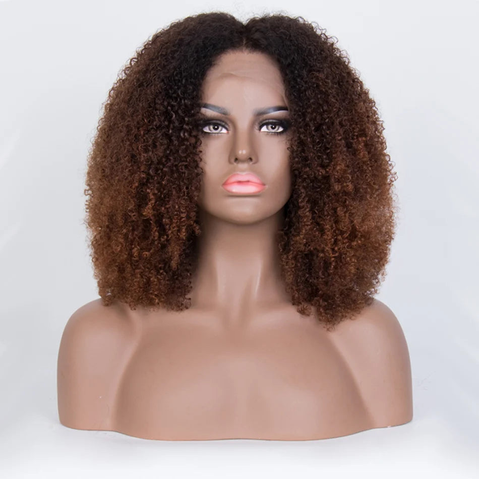 Zlike Perfect Amount Of Volume Coily kinky Curly Ombre Brown Colored 7x5 Glueless Lace Wig