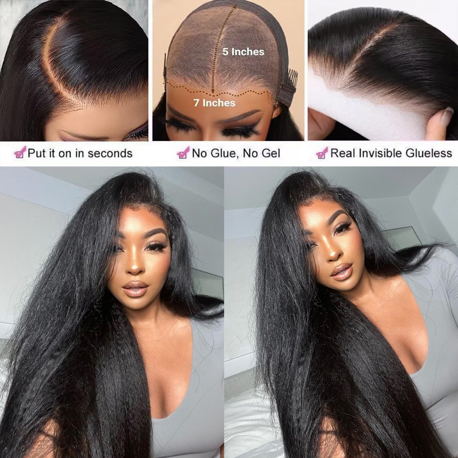 Glueless Lace Closure Wigs Yaki Straight Pre Cut Wear Go Human Hair Wigs With Baby Hair