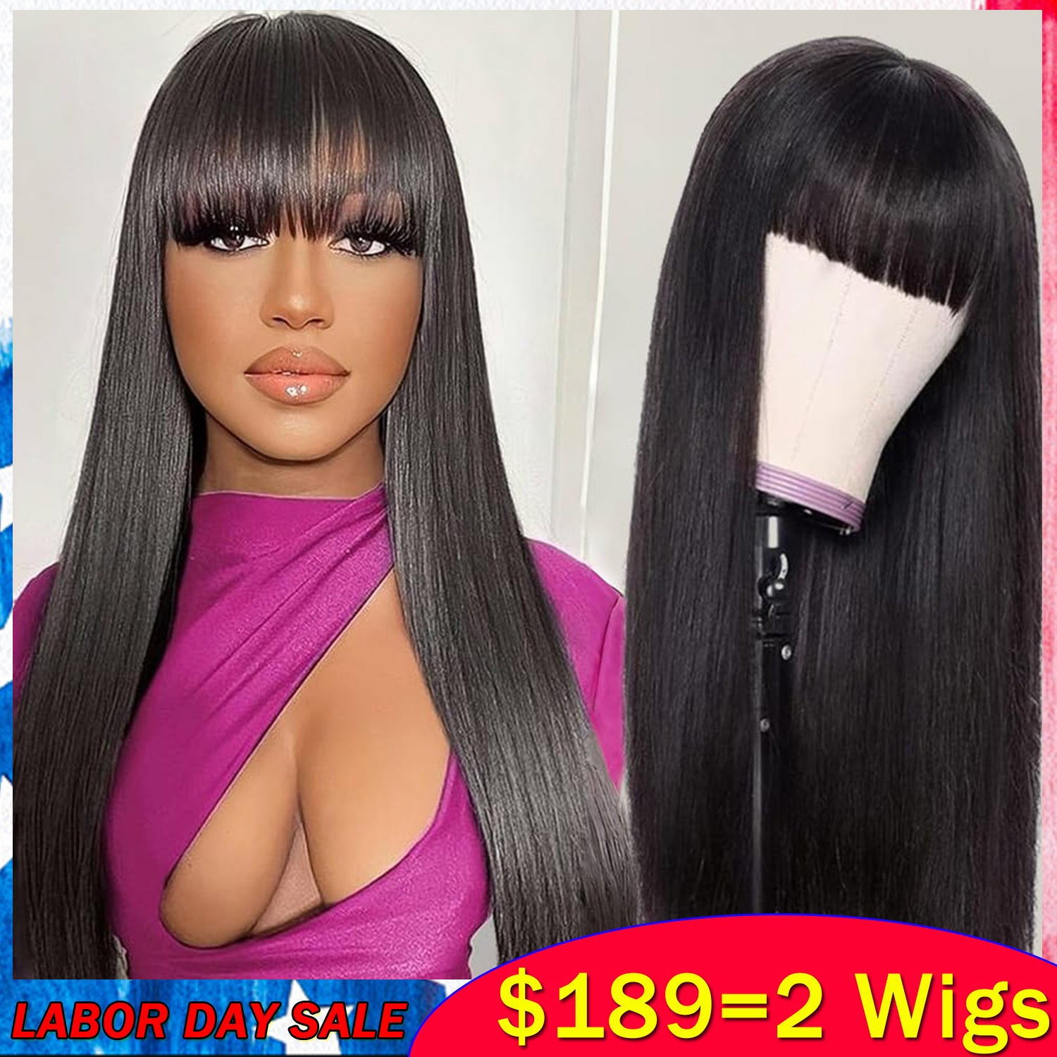 $189=2 Wigs | Bone Straight Wig With Bangs Natural Color Glueless Human Hair Wigs Flash Sale