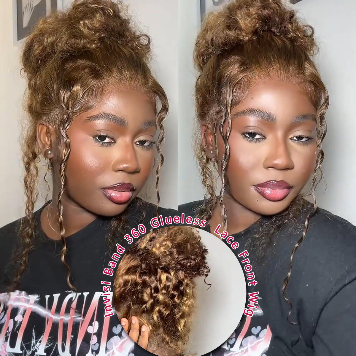 Highlight Honey Blonde Water Wave Glueless Invisi Band 360 Lace Frontal Human Wigs