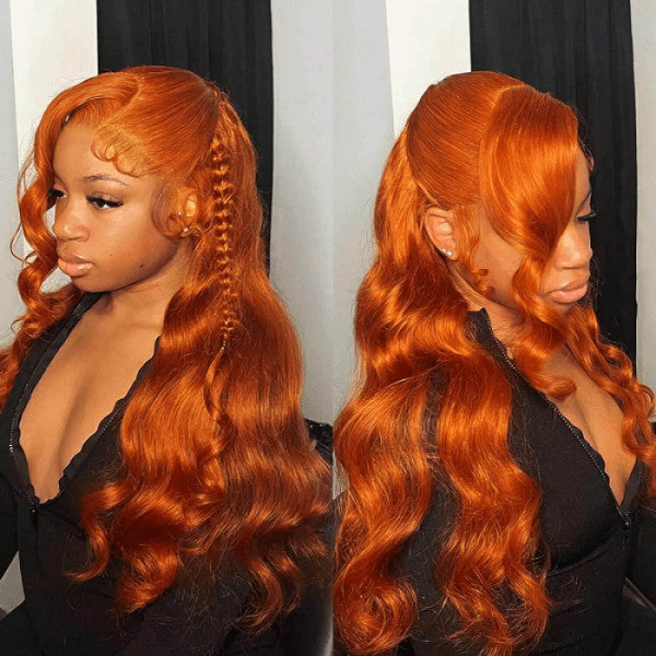 Ginger Orange Colored Body Wave Wig 13x4 Lace Front 180% Density Human Hair Wigs For Women