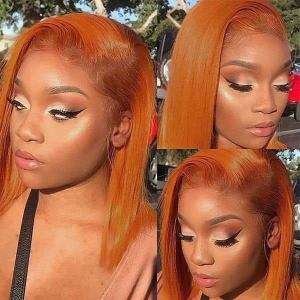 Short Orange Straight Bob Wig Human Hair Lace Front Bob Wigs-Zlike