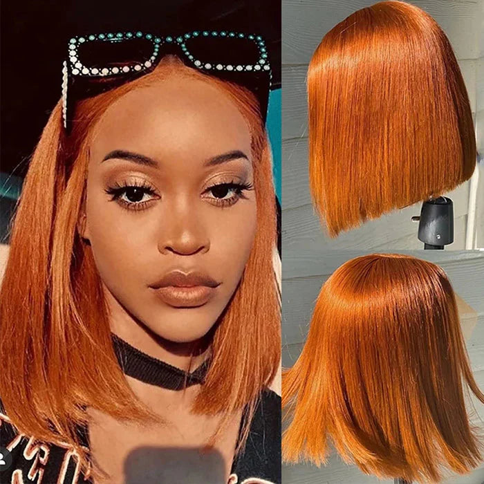 Short Orange Straight Bob Wig Human Hair Lace Front Bob Wigs-Zlike