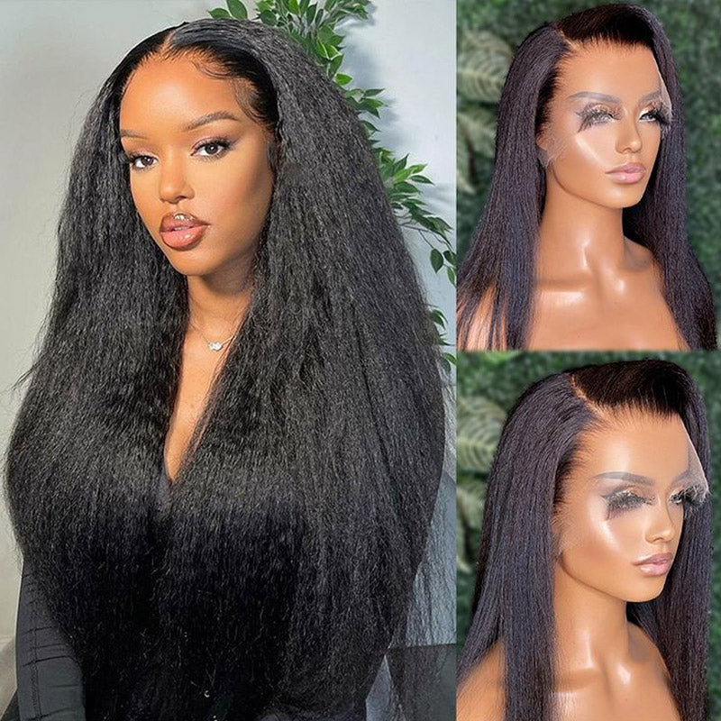 Natural Black 13x4 Lace Frontal Wigs Yaki Straight Human Hair Wigs-Zlike