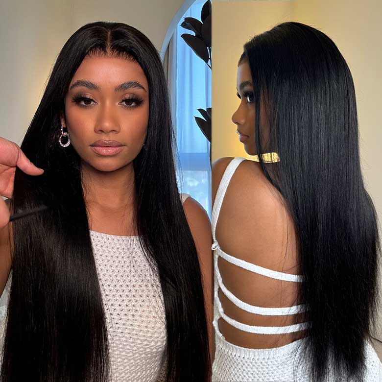 Glueless Lace Closure Human Hair Wigs Straight Pre Cut Wear Go Lace Wig Natural Hairline