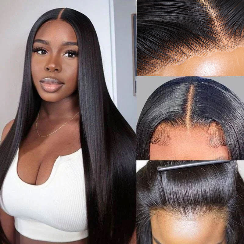 Glueless Lace Closure Human Hair Wigs Straight Pre Cut Wear Go Lace Wig Natural Hairline