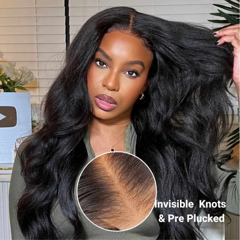 [Aicrelery] Glueless Lace Closure Wigs Yaki Straight Pre Cut Wear Go Human Hair Wigs With Baby Hair