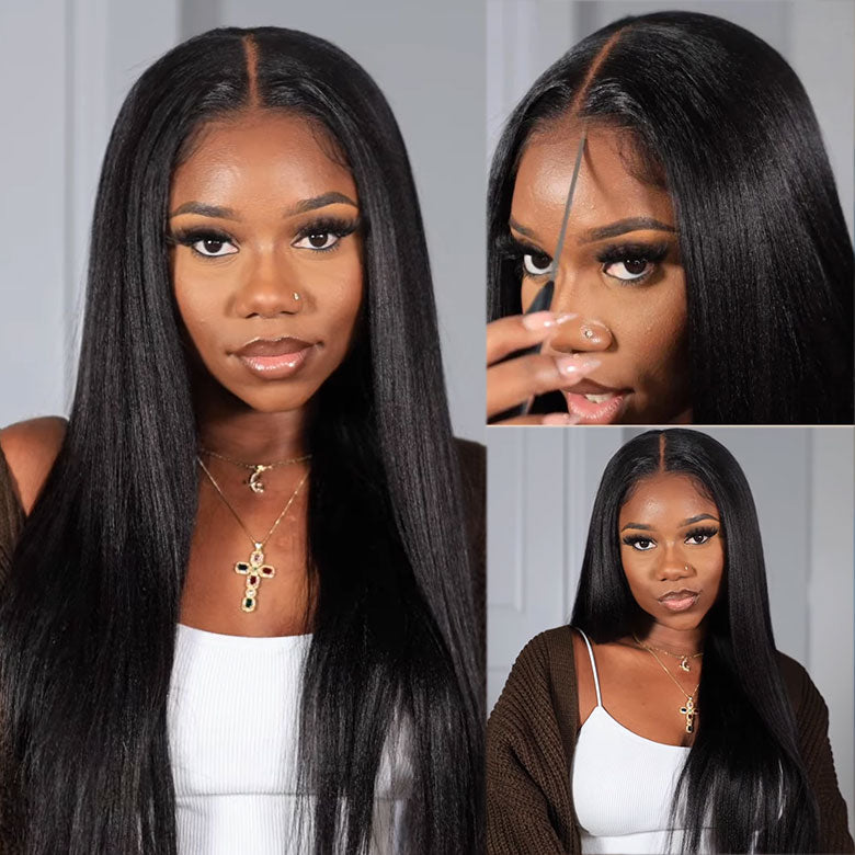 [Aicrelery] Glueless Lace Closure Wigs Yaki Straight Pre Cut Wear Go Human Hair Wigs With Baby Hair