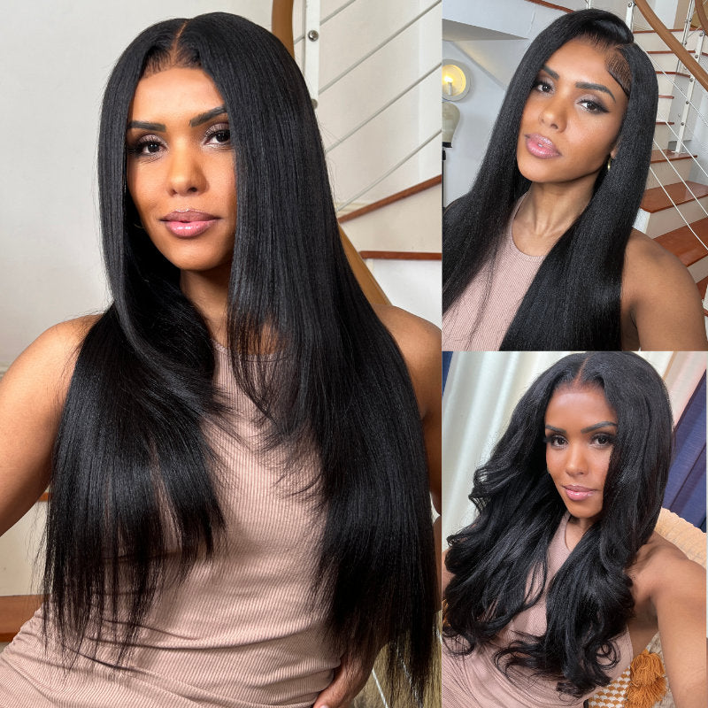 [Aicrelery] Glueless Lace Closure Wigs Yaki Straight Pre Cut Wear Go Human Hair Wigs With Baby Hair