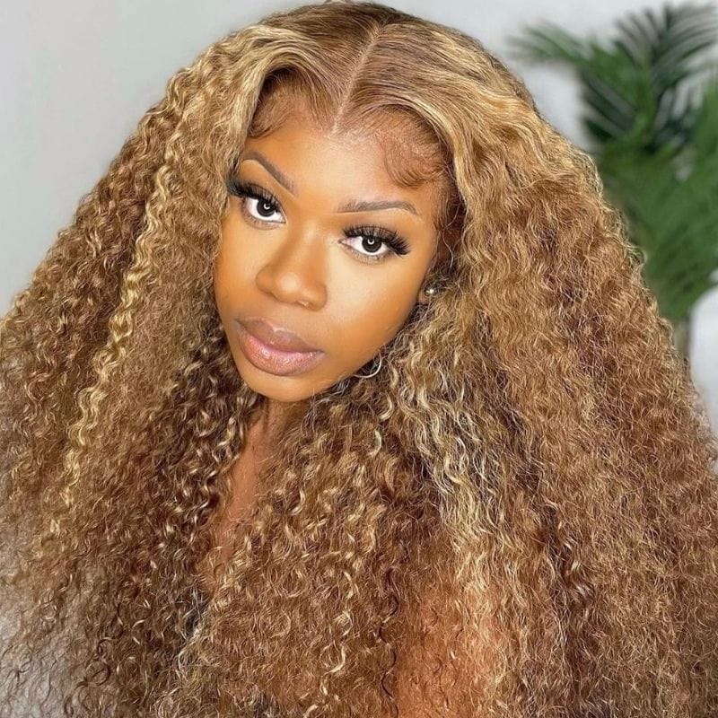 Honey Blonde Highlight 13x6 Lace Front Wigs Ombre Color Kinky Curly Human Hair Wigs