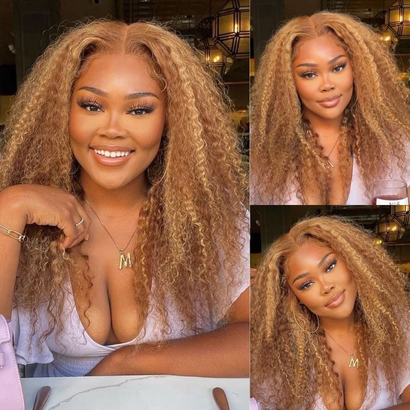 Honey Blonde Highlight 13x6 Lace Front Wigs Ombre Color Kinky Curly Human Hair Wigs